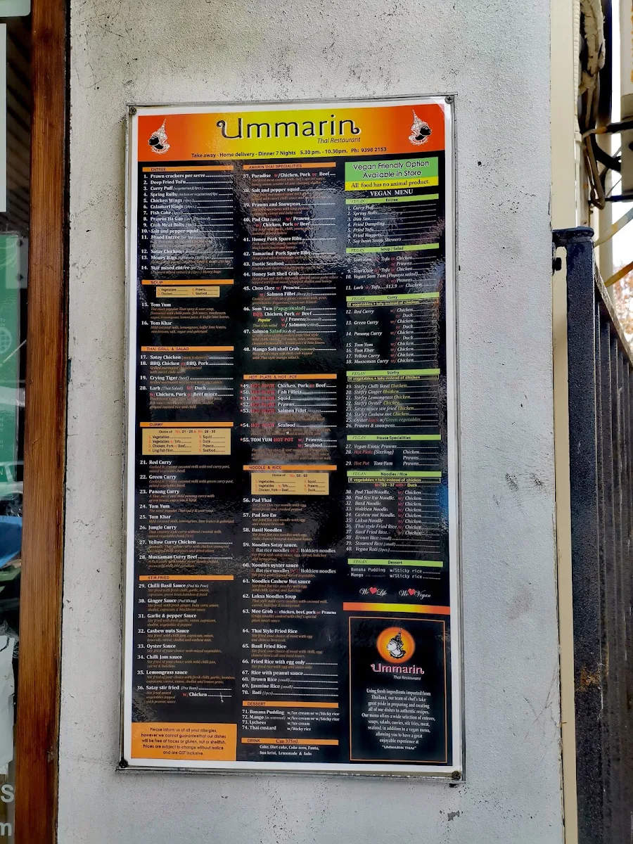 Menu, Ummarin Thai Restaurant