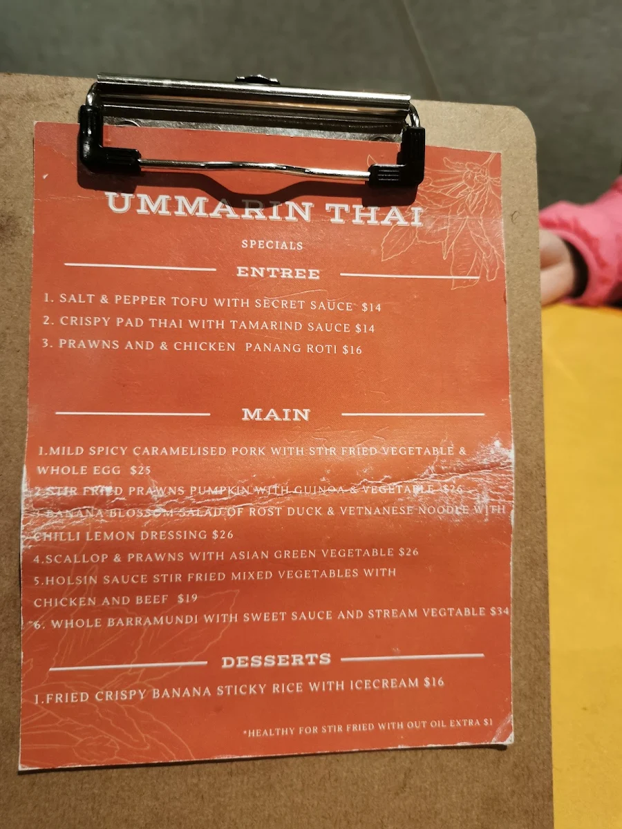 Menu, Ummarin Thai Restaurant