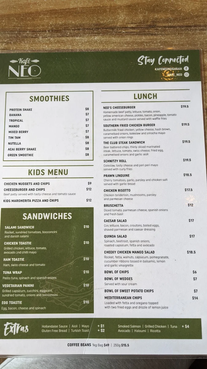 Menu, Kafé Neo