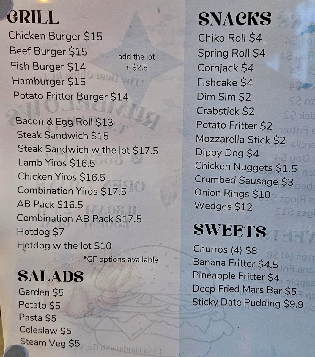 Menu, Rumbelows Restaurant