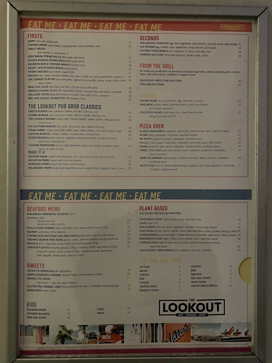 Menu, The Lookout Bar Bowling Bites