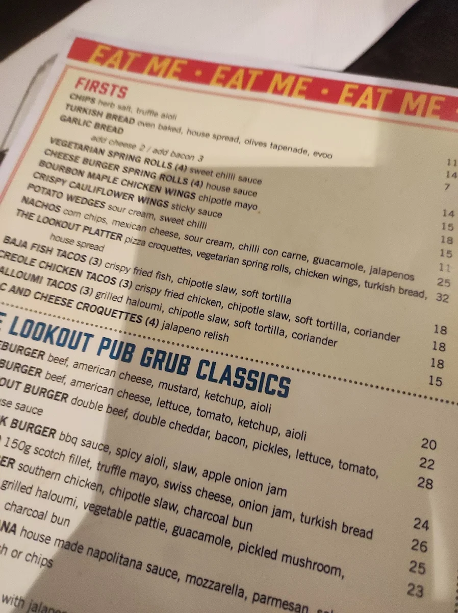 Menu, The Lookout Bar Bowling Bites