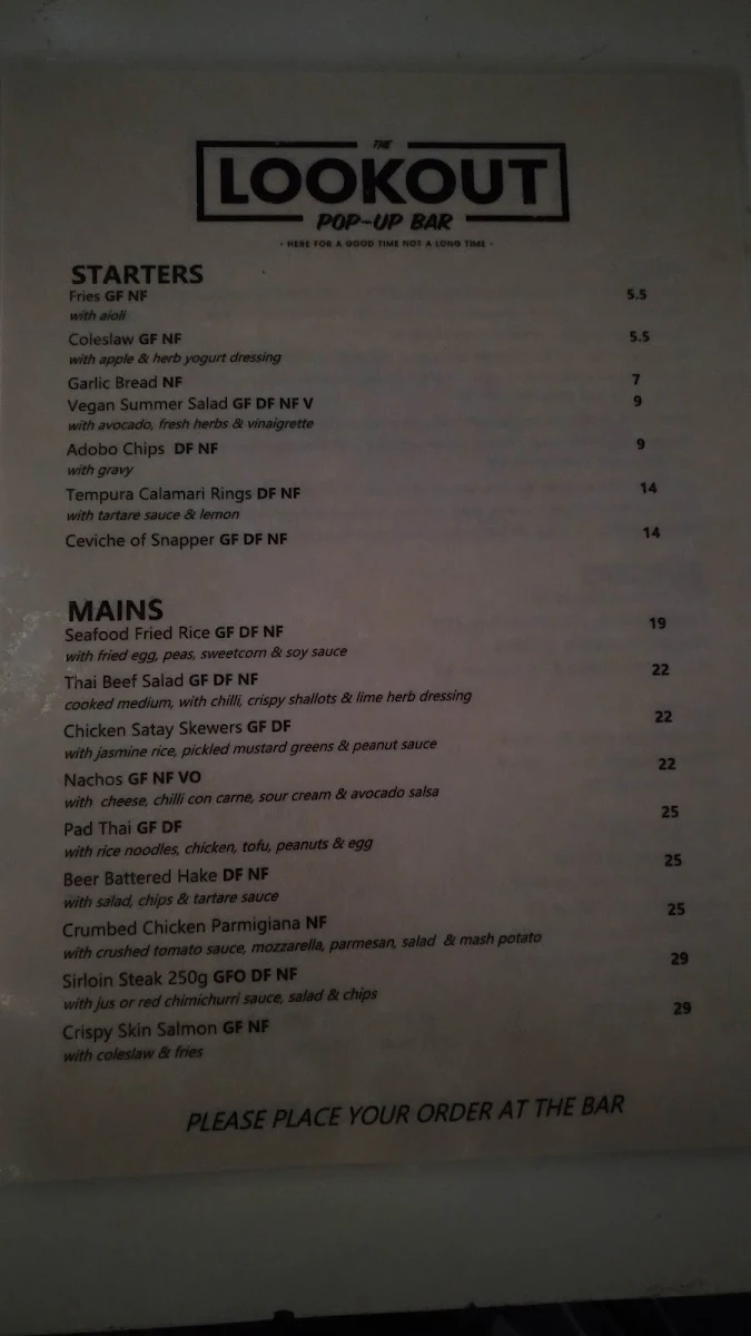 Menu, The Lookout Bar Bowling Bites