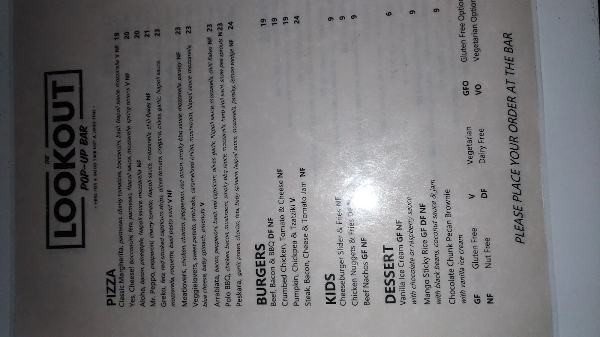 Menu, The Lookout Bar Bowling Bites