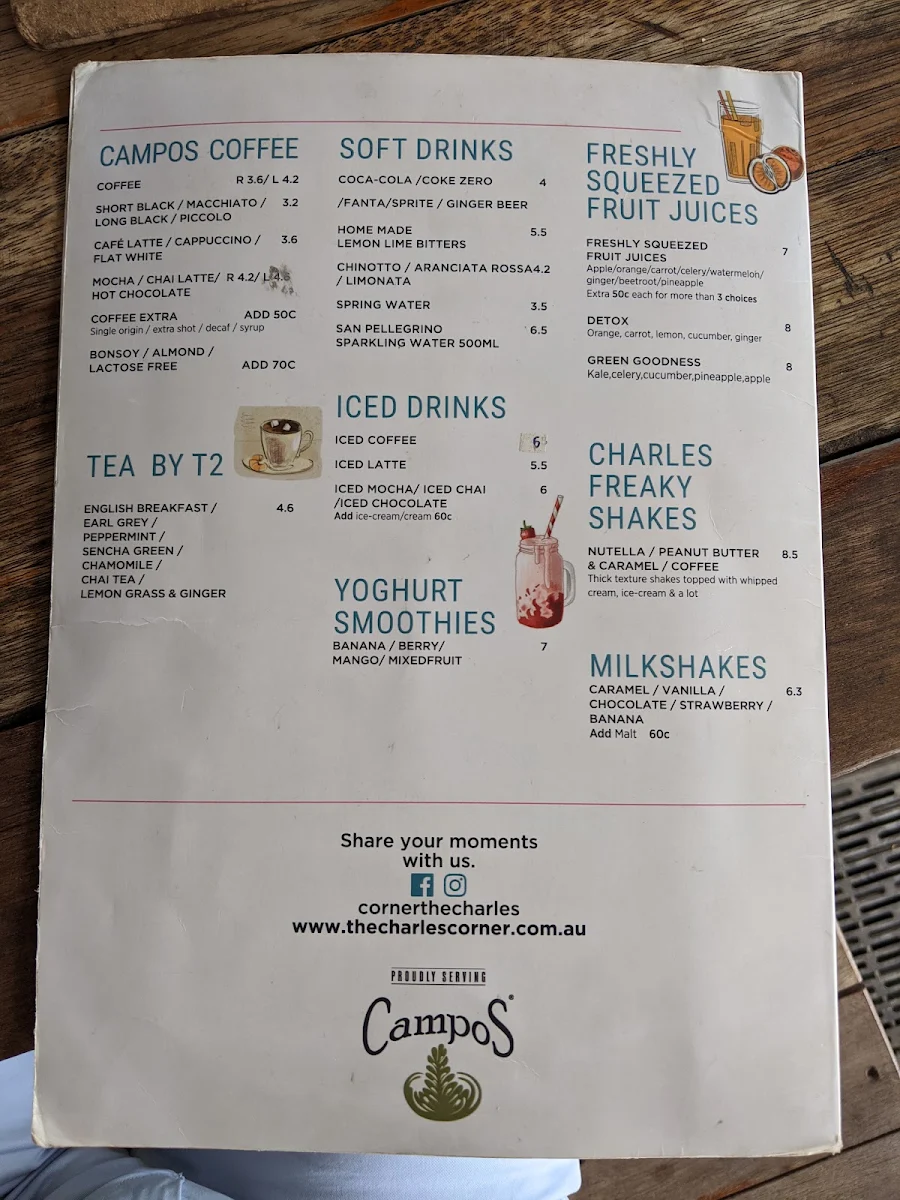 Menu, The Charles Corner cafe