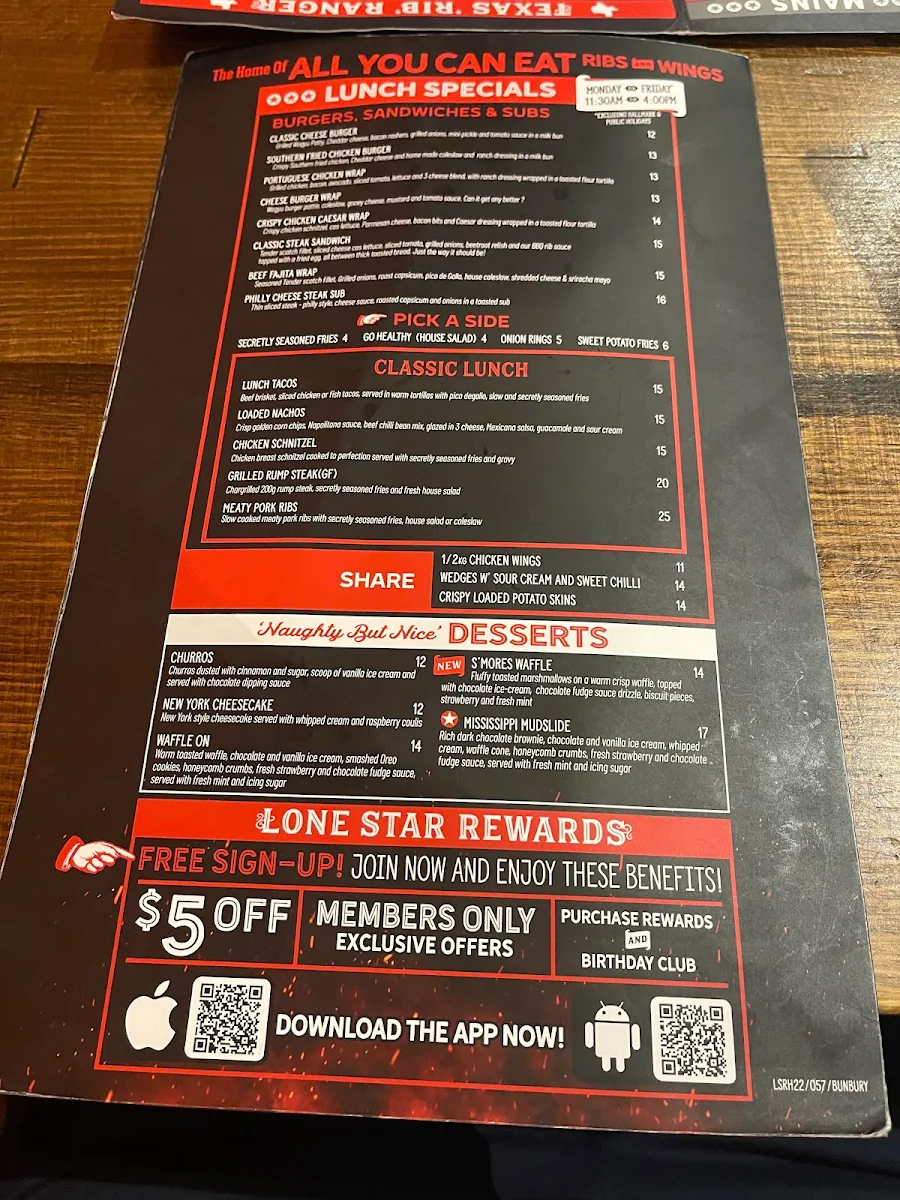 Menu, Lone Star Rib House Bunbury