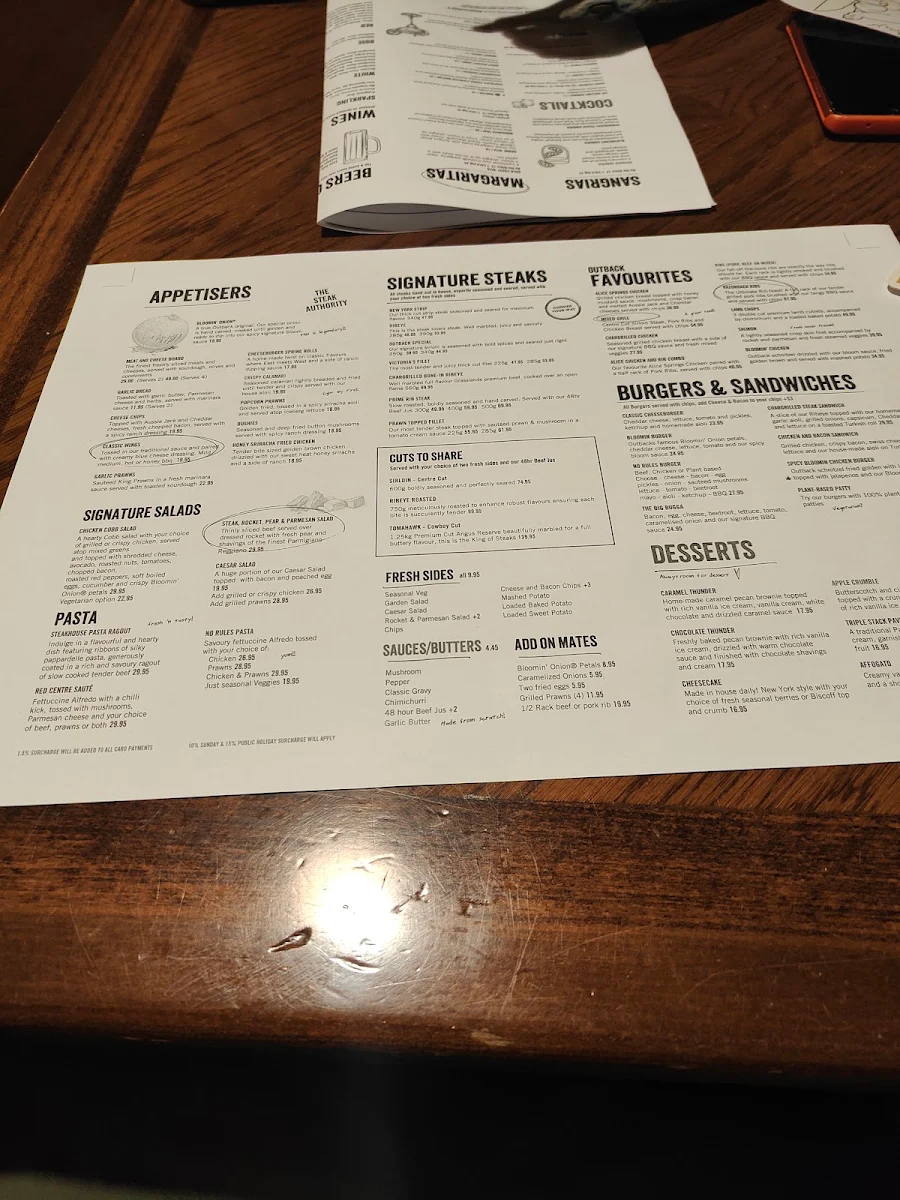 Menu, Outback Steakhouse Wentworthville