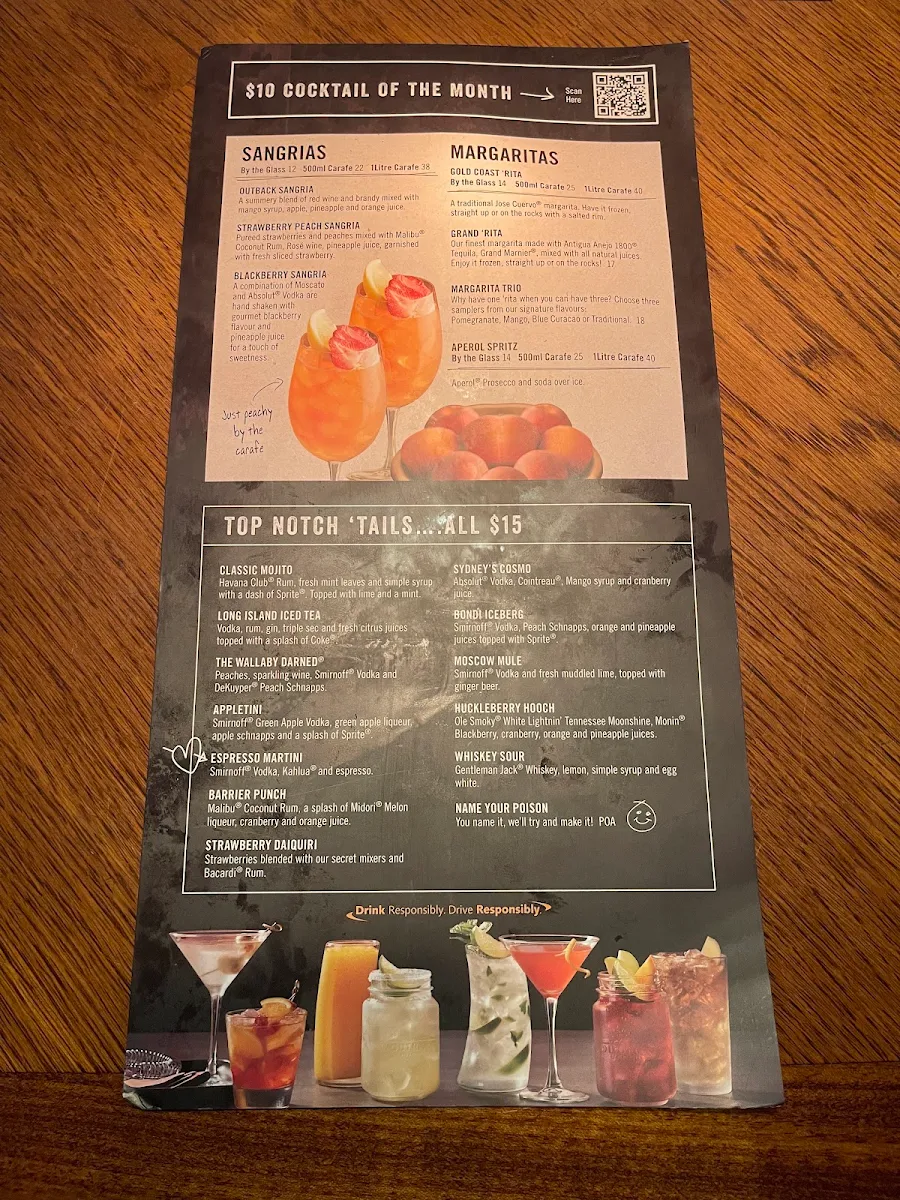 Menu, Outback Steakhouse Wentworthville