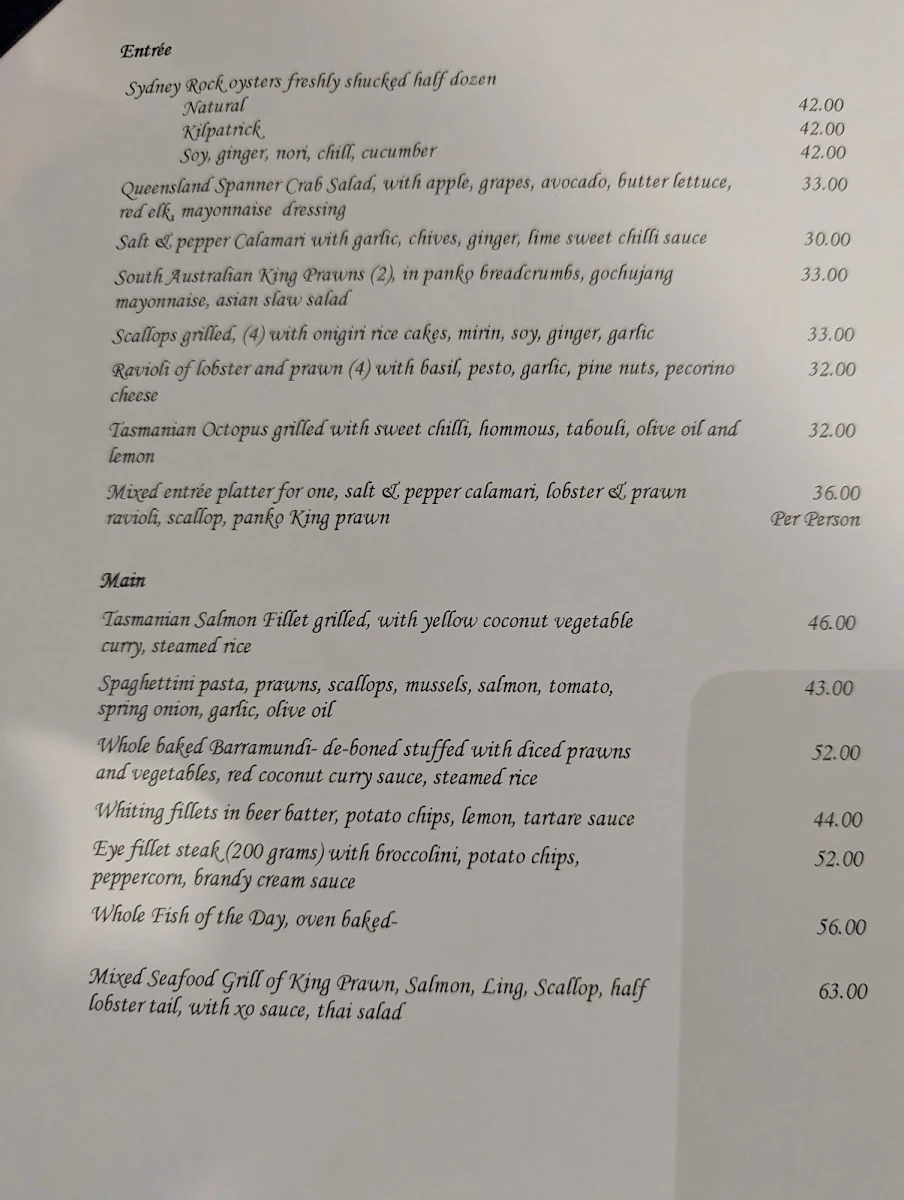 Menu, Fish at The Rocks
