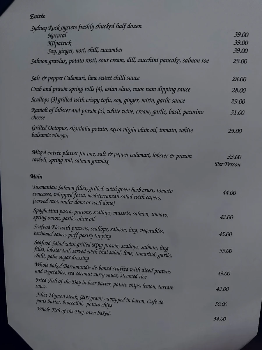 Menu, Fish at The Rocks