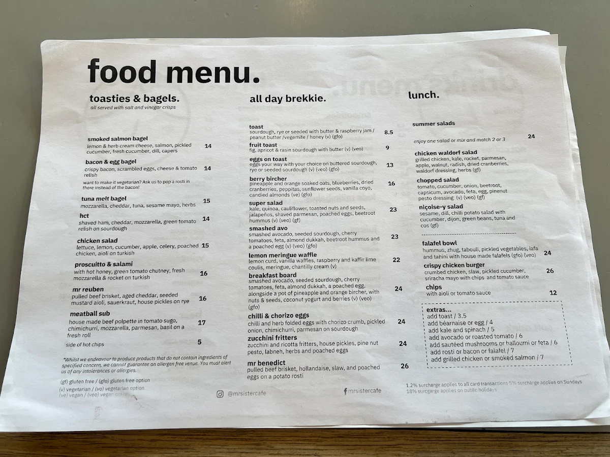 Menu, Mr Sister Cafe