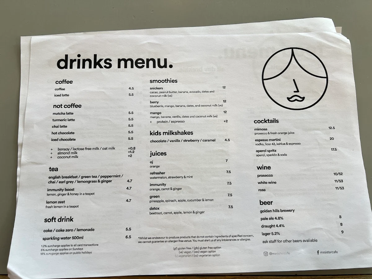 Menu, Mr Sister Cafe
