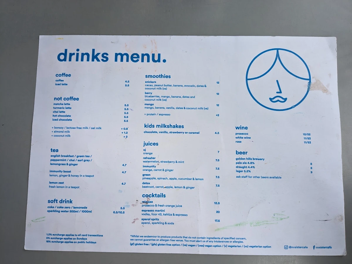 Menu, Mr Sister Cafe