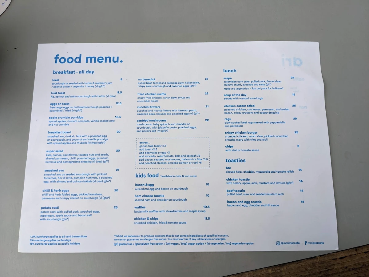Menu, Mr Sister Cafe