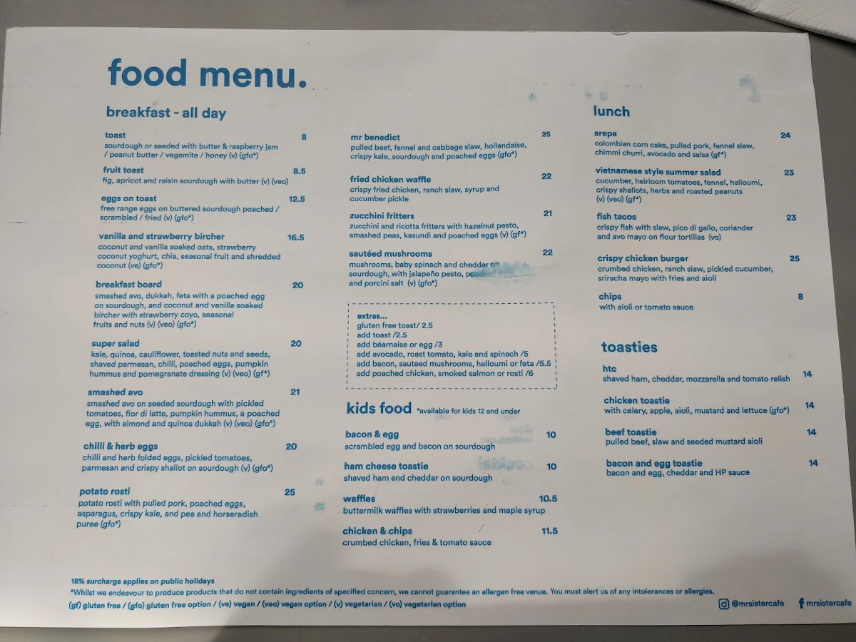 Menu, Mr Sister Cafe