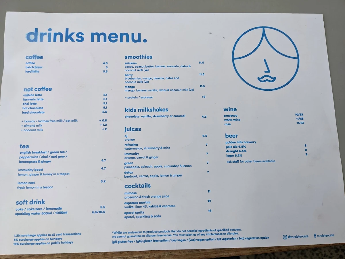 Menu, Mr Sister Cafe