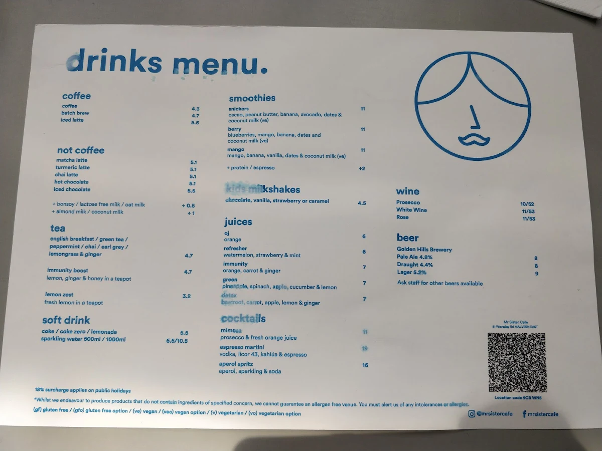 Menu, Mr Sister Cafe