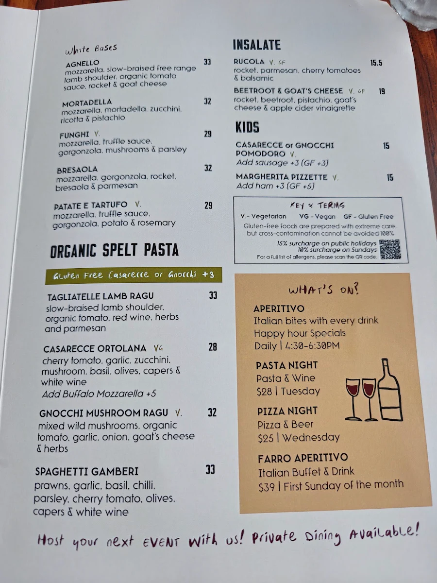 Menu, Farro Pizzeria & Bar South Melbourne
