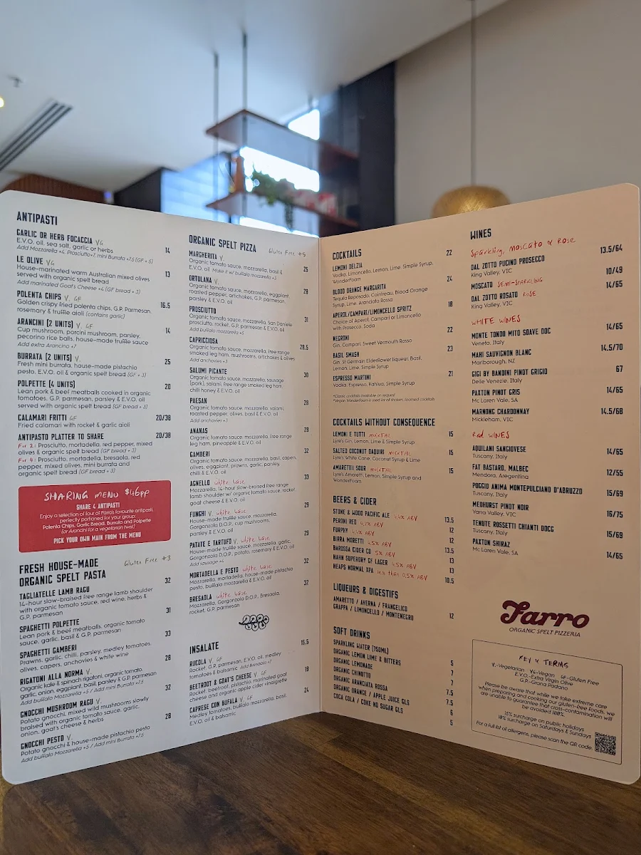Menu, Farro Pizzeria & Bar South Melbourne
