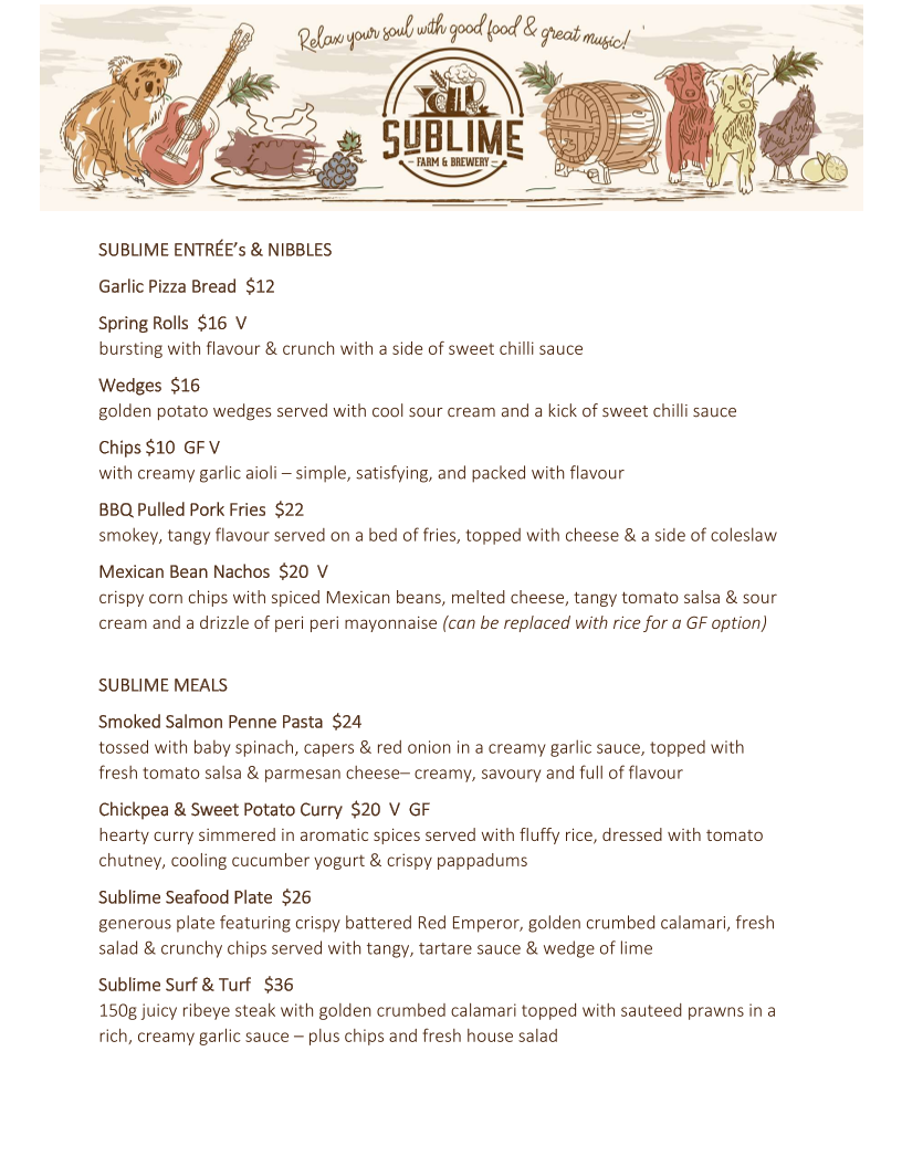 Menu, Sublime Farm & Brewery