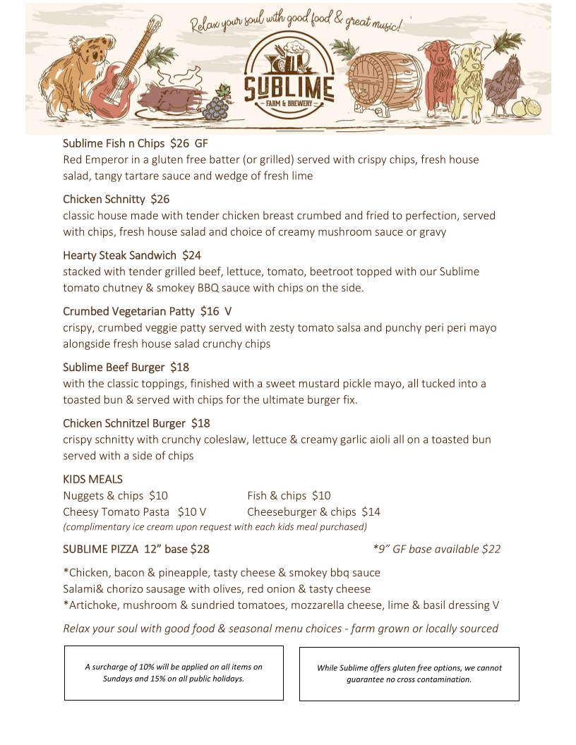 Menu, Sublime Farm & Brewery