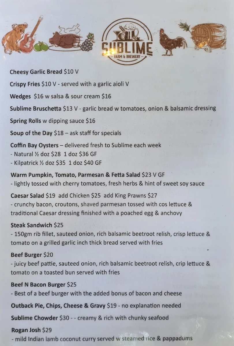 Menu, Sublime Farm & Brewery