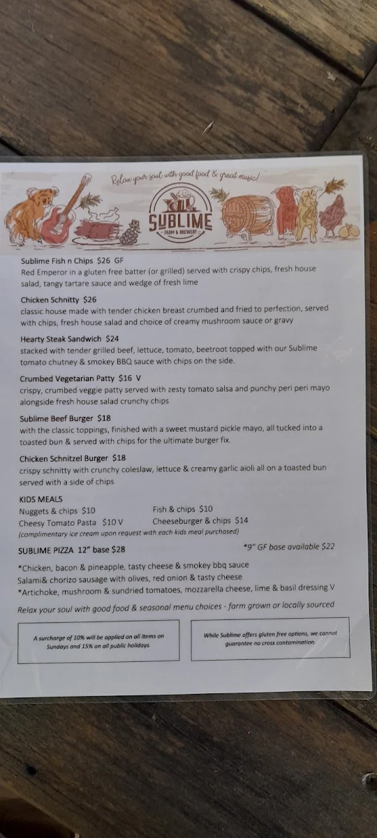 Menu, Sublime Farm & Brewery