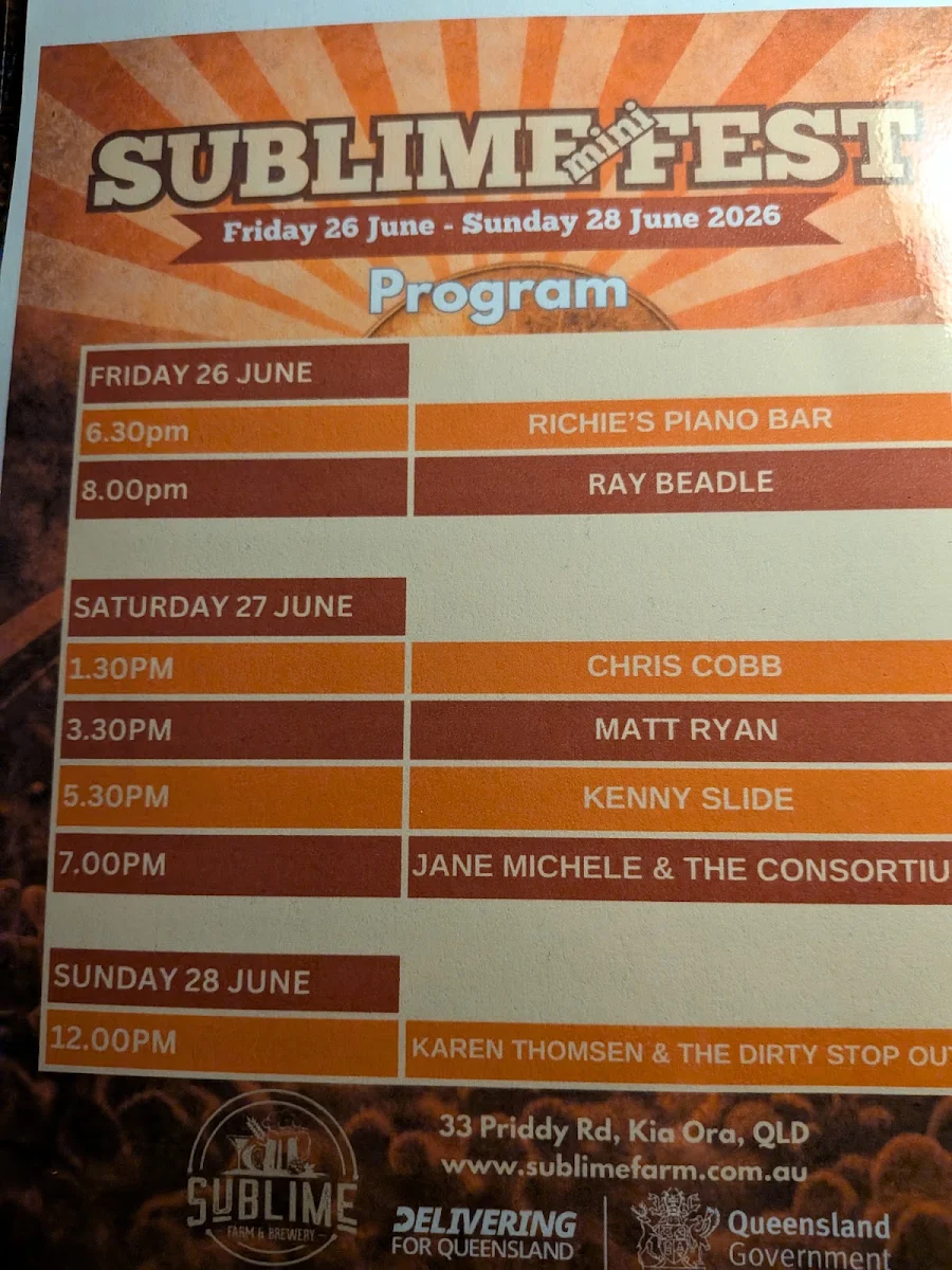 Menu, Sublime Farm & Brewery