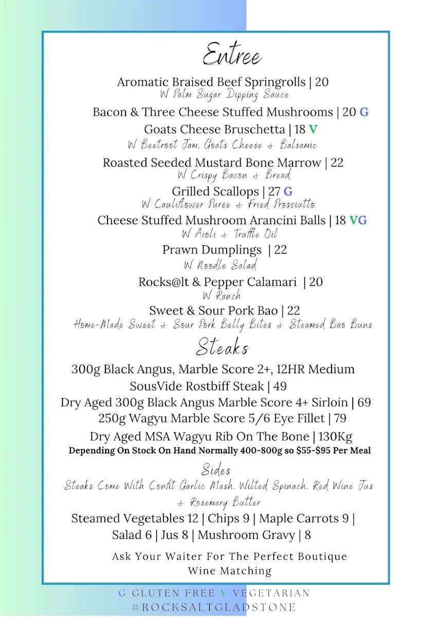 Menu, Rocksalt Bar & Restaurant