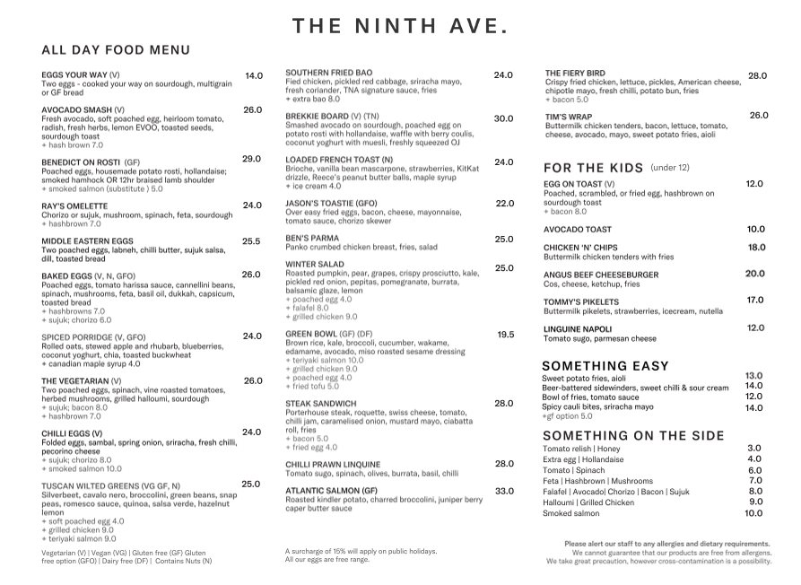 Menu, The Ninth Ave