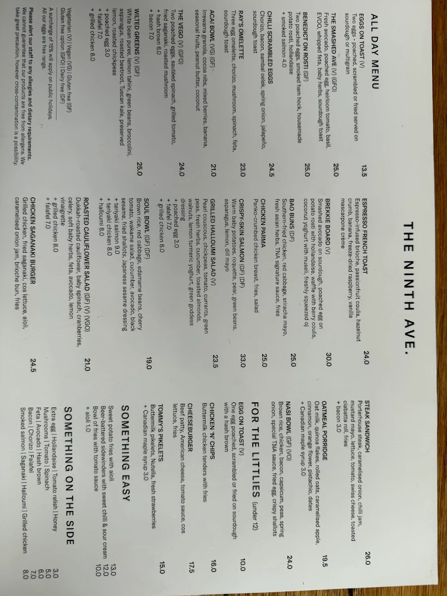 Menu, The Ninth Ave