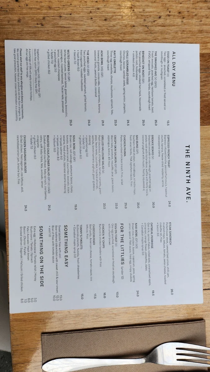 Menu, The Ninth Ave
