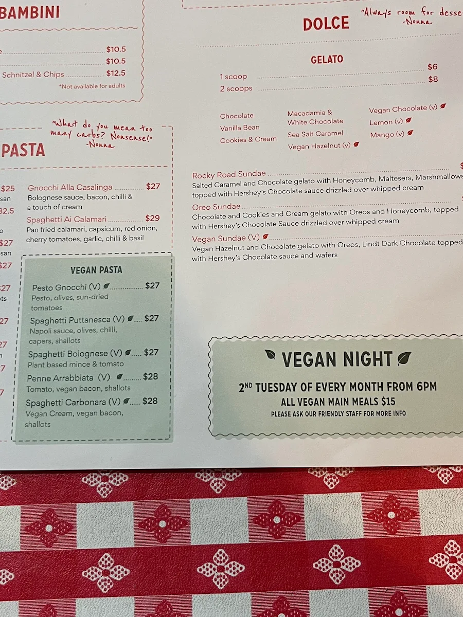 Menu, Arrivederci Pizza