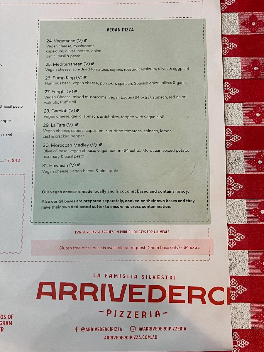 Menu, Arrivederci Pizza