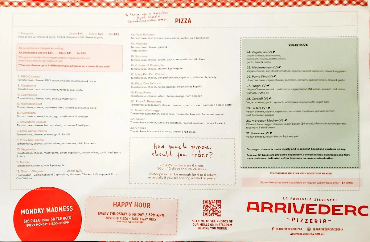 Menu, Arrivederci Pizza