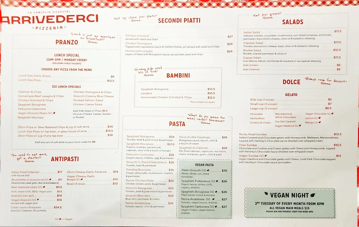 Menu, Arrivederci Pizza