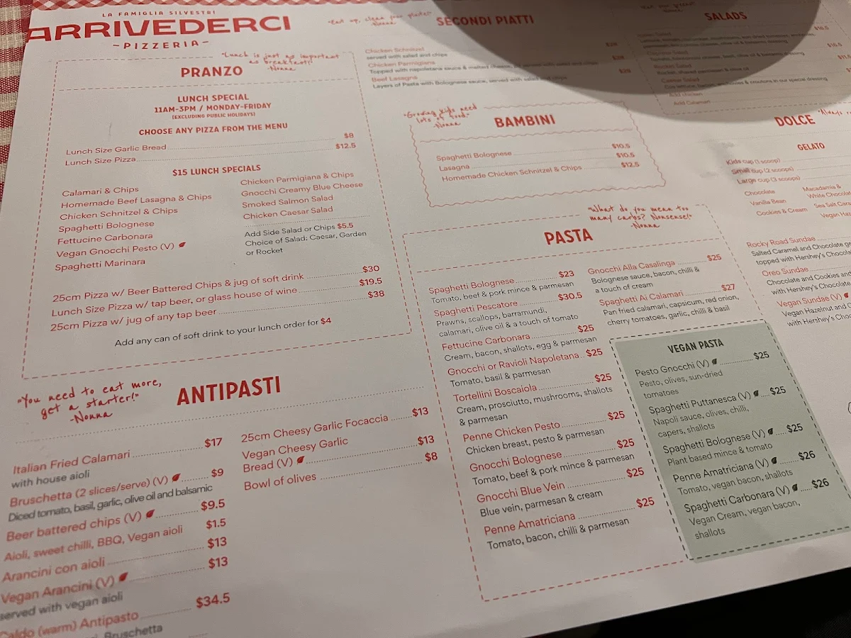Menu, Arrivederci Pizza