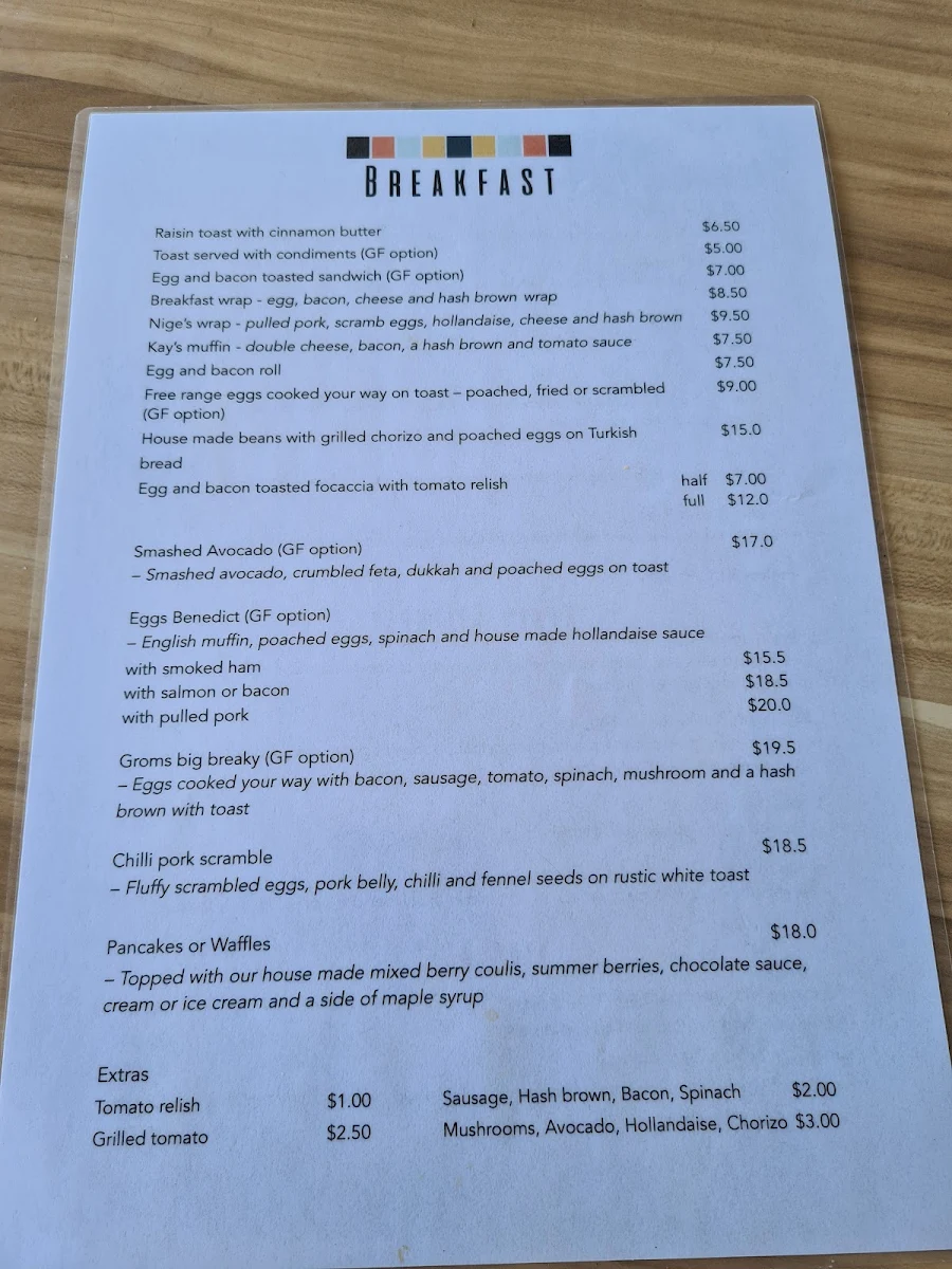 Menu, Salty Groms Cafe