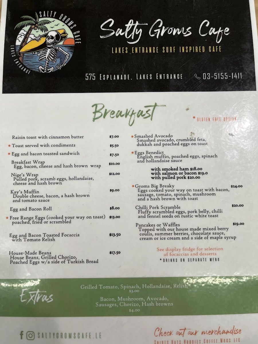 Menu, Salty Groms Cafe