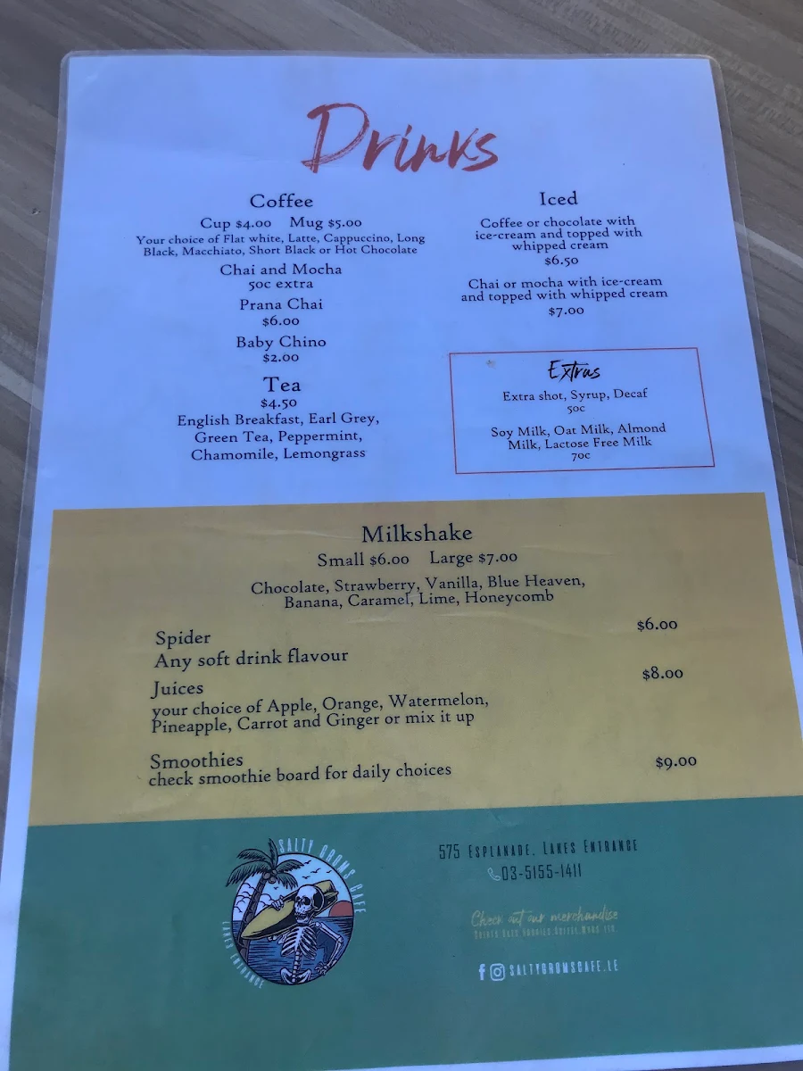 Menu, Salty Groms Cafe
