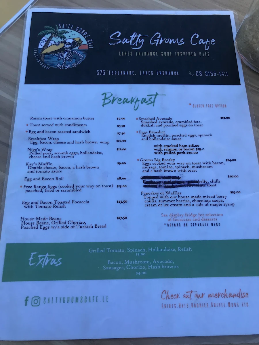 Menu, Salty Groms Cafe