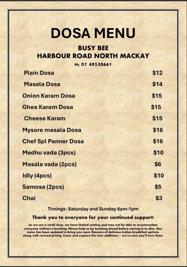 Menu, Busy Bee