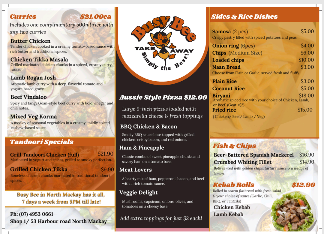 Menu, Busy Bee