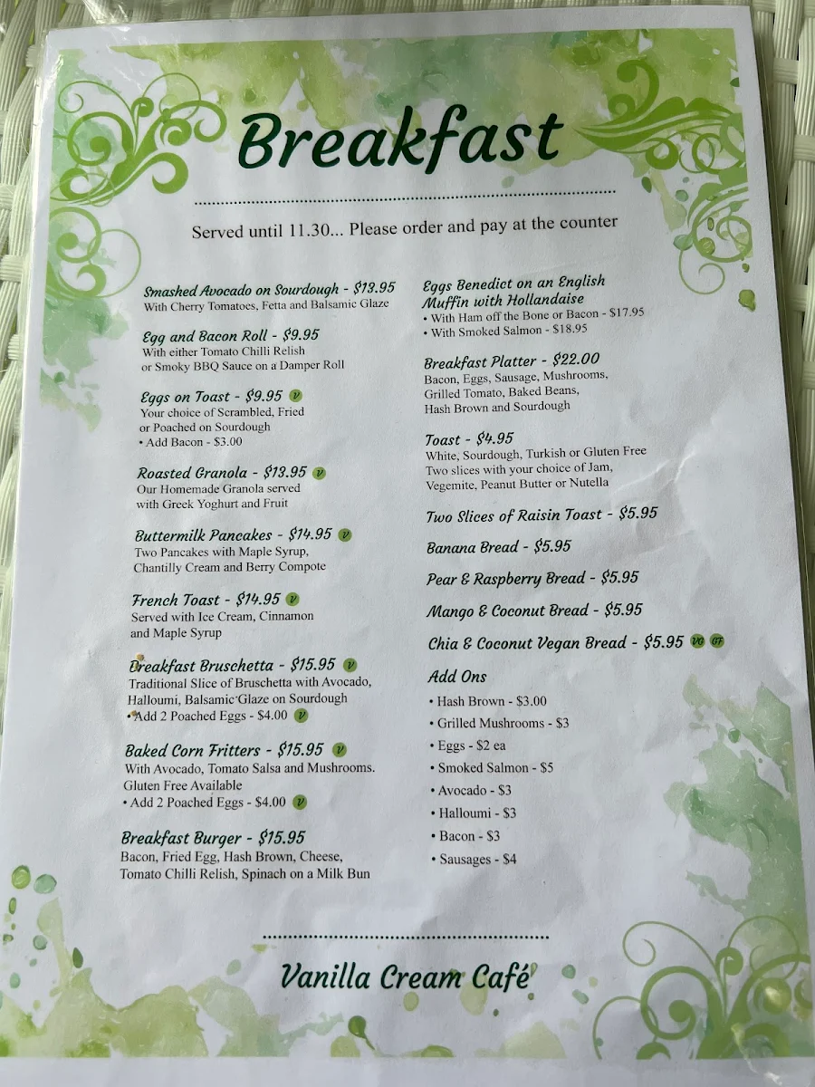 Menu, Vanilla Cream Cafe