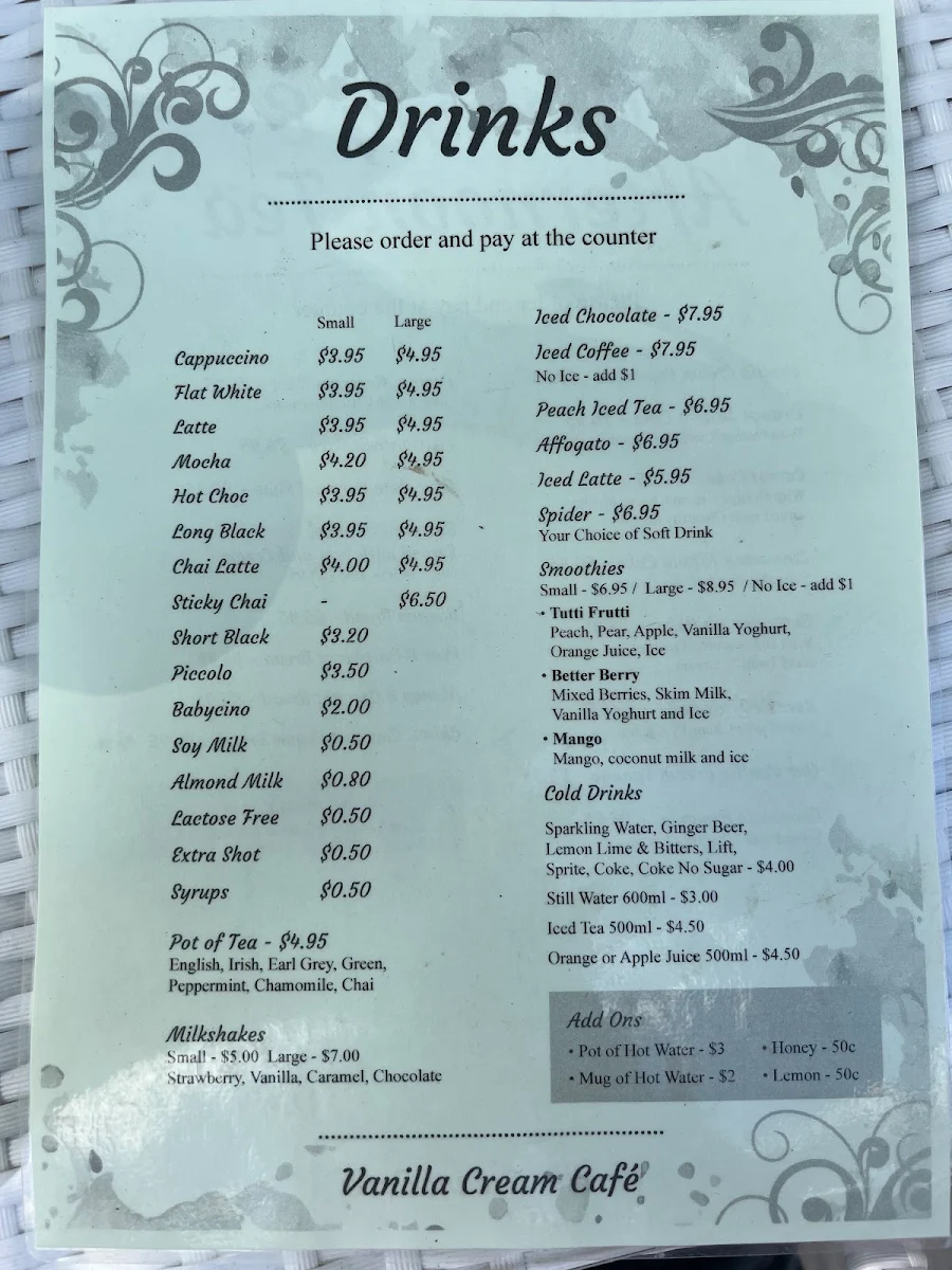 Menu, Vanilla Cream Cafe