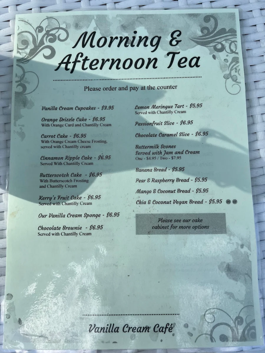 Menu, Vanilla Cream Cafe