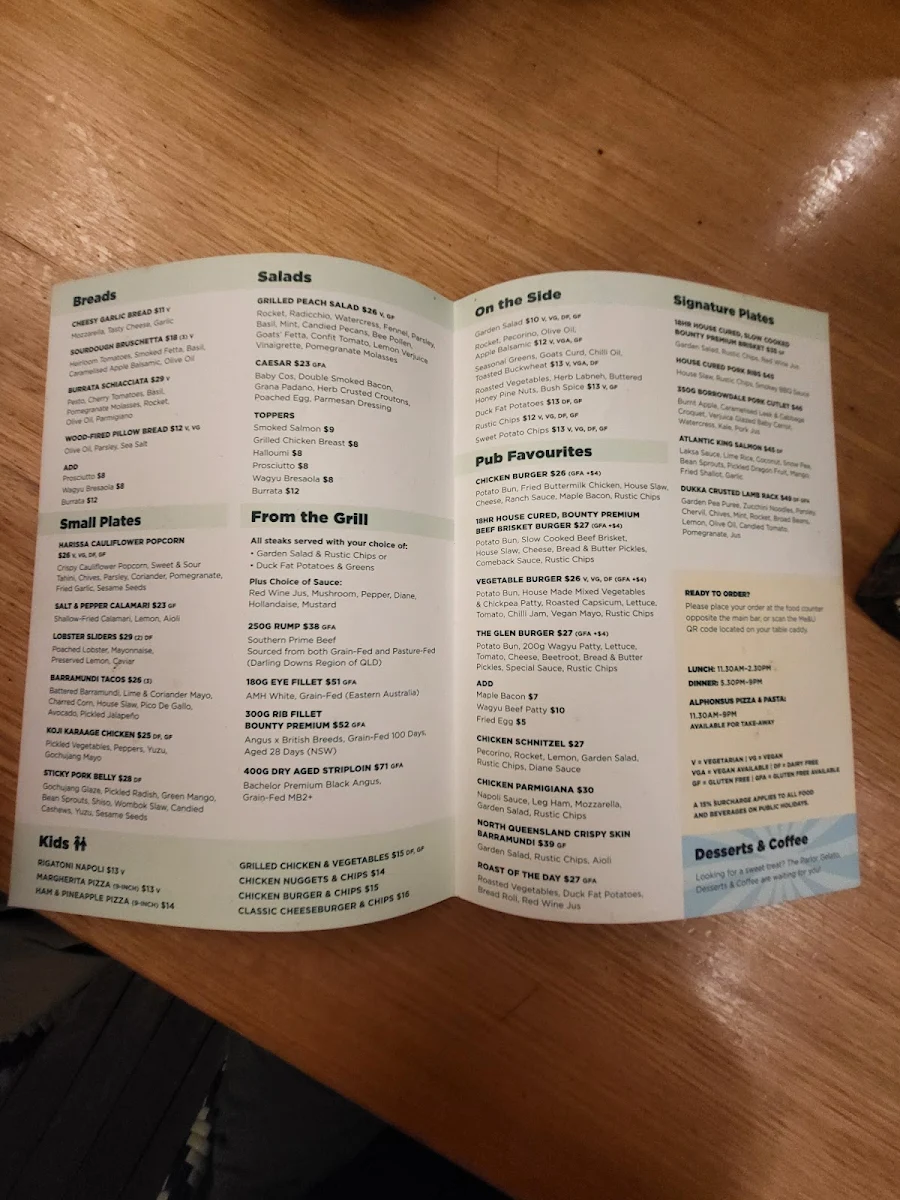 Menu, The Glen Hotel