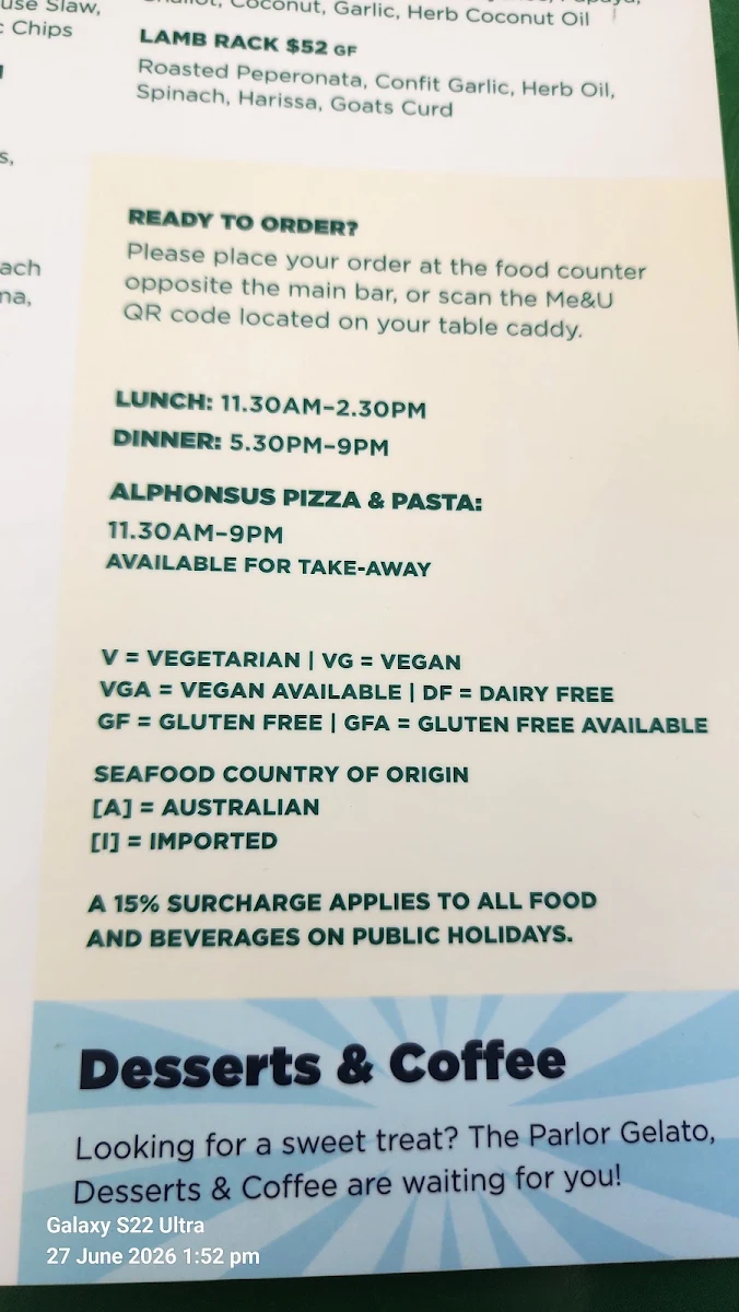 Menu, The Glen Hotel