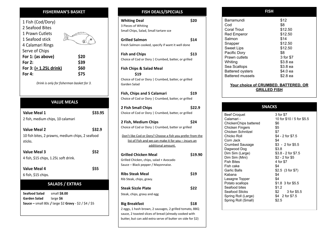 Menu, Lakes Seafood