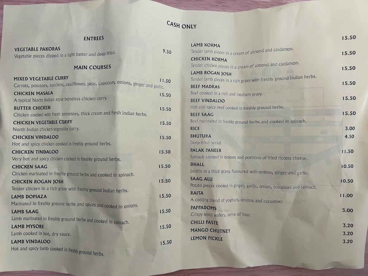 Menu, Sitar Indian Takeaway